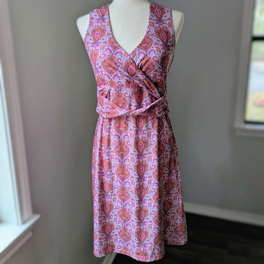 PrAna Women’s Medium Sleeveless Wrap Dress Pink Paisley Above Knee Stretch Cute